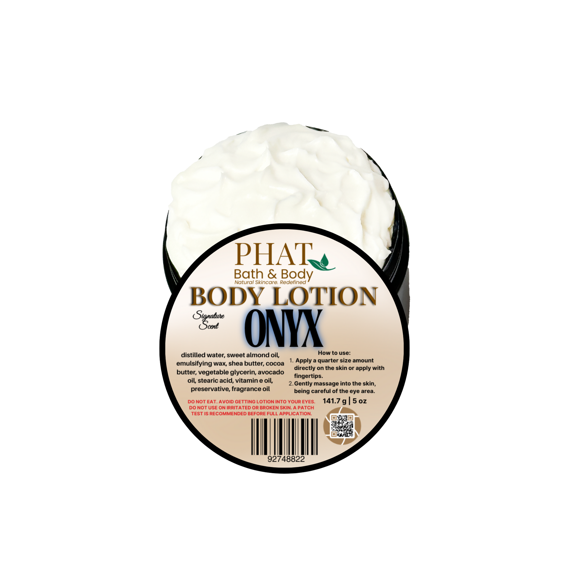 Body lotion container labeled 'Phat Bath & Body' on a white background