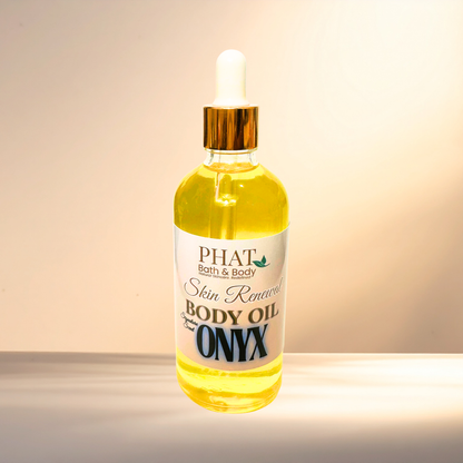 Bottle of PHAT Bath & Body Onyx body oil on a gradient background