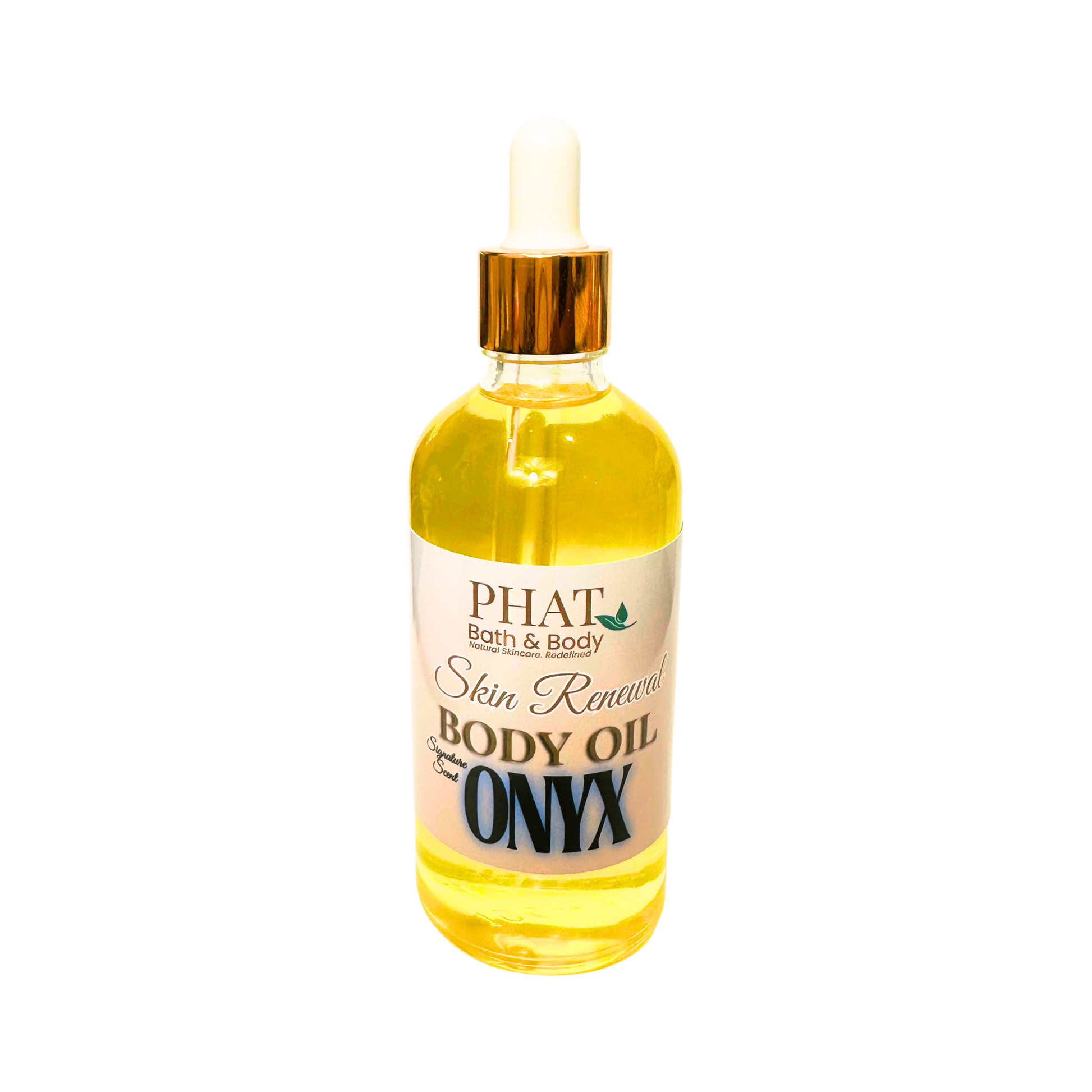 Bottle of Phat Bath & Body Onyx body oil on a white background