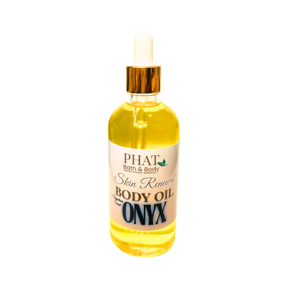 Bottle of Phat Bath & Body Onyx body oil on a white background