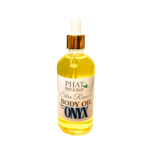 Bottle of Phat Bath & Body Onyx body oil on a white background