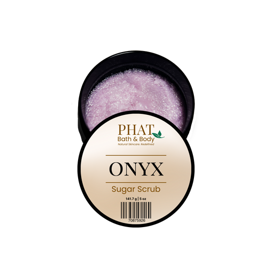 Onyx sugar scrub in a container with 'Phat Bath & Body' branding on a white background