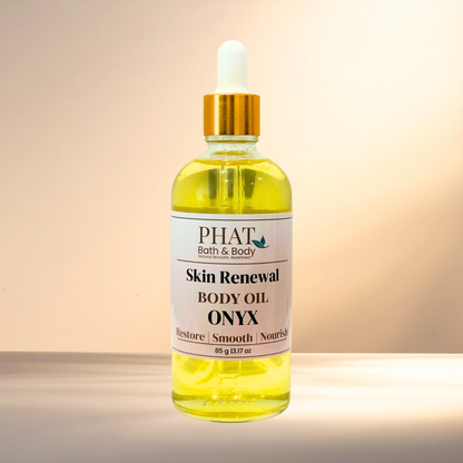 Bottle of PHAT Bath & Body Skin Renewal Body Oil ONYX on a gradient background