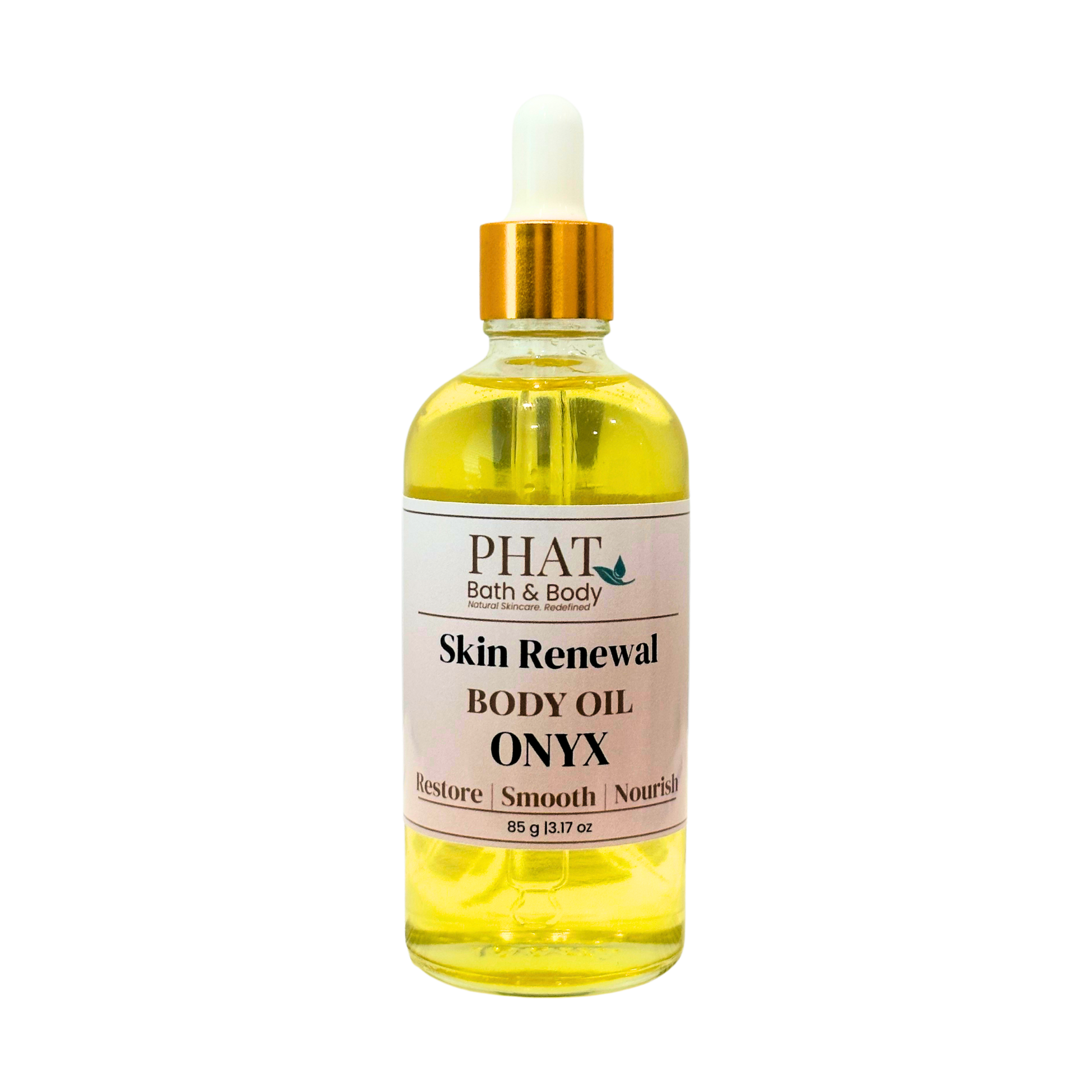Bottle of Phat Bath & Body Skin Renewal Body Oil Onyx on a white background