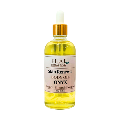 Bottle of Phat Bath & Body Skin Renewal Body Oil Onyx on a white background