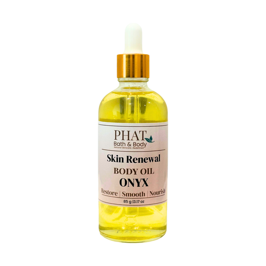 Bottle of Phat Bath & Body Skin Renewal Body Oil Onyx on a white background