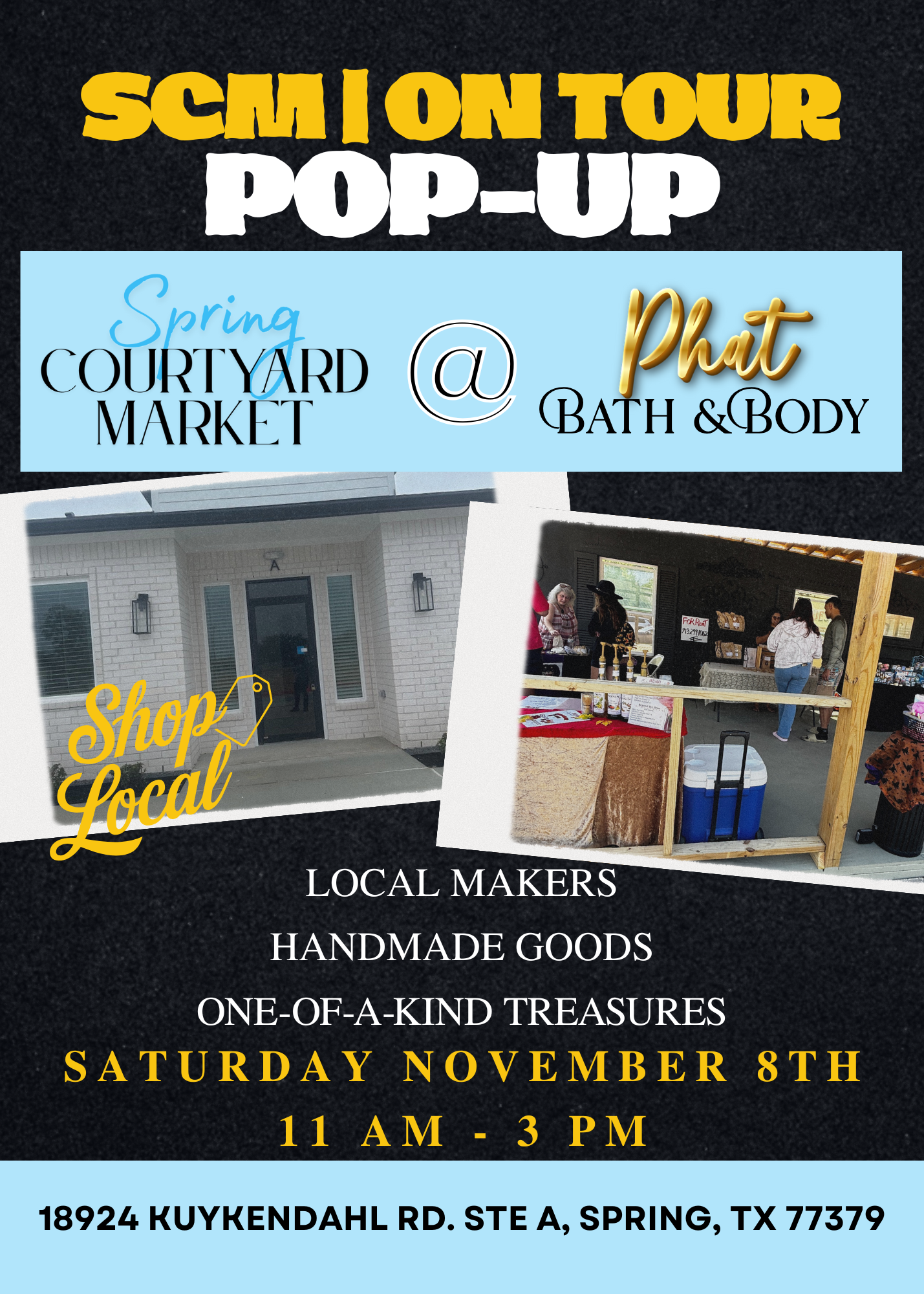 Promotional flyer for SCM on Tour Pop-Up event at Phat Bath & Body with images of the venue and text details.