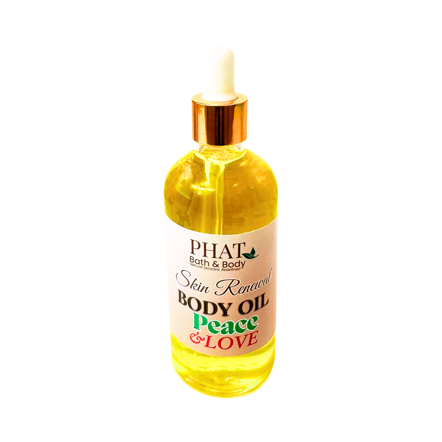 Bottle of Phat Bath & Body body oil with a gold dropper on a white background