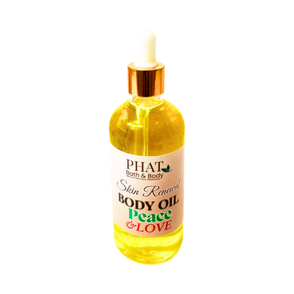 Bottle of Phat Bath & Body body oil with a gold dropper on a white background