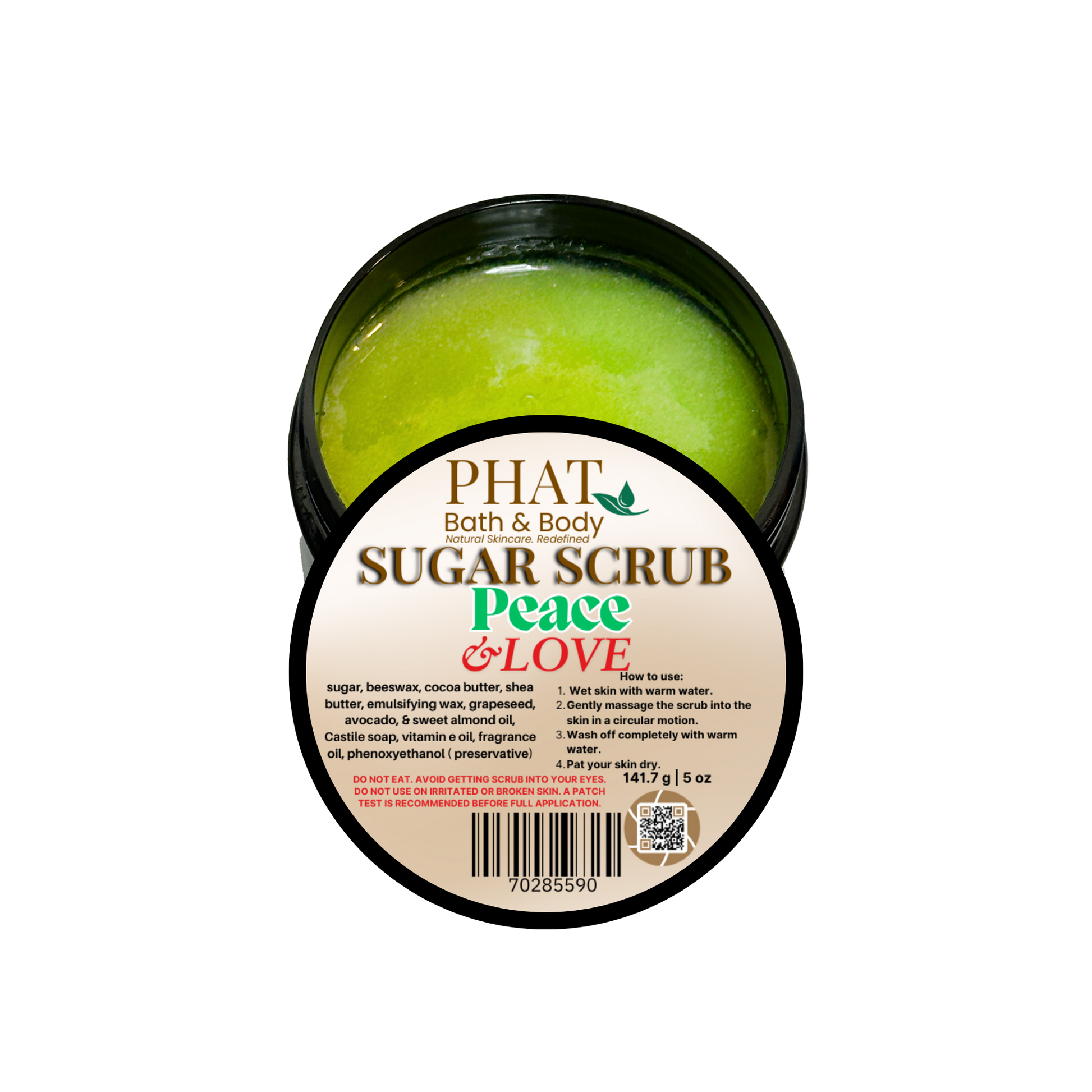 Jar of Phat Bath & Body Sugar Scrub with green scrub visible on a white background