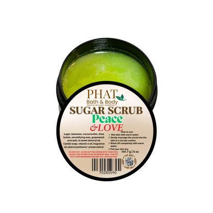 Jar of Phat Bath & Body Sugar Scrub with green scrub visible on a white background