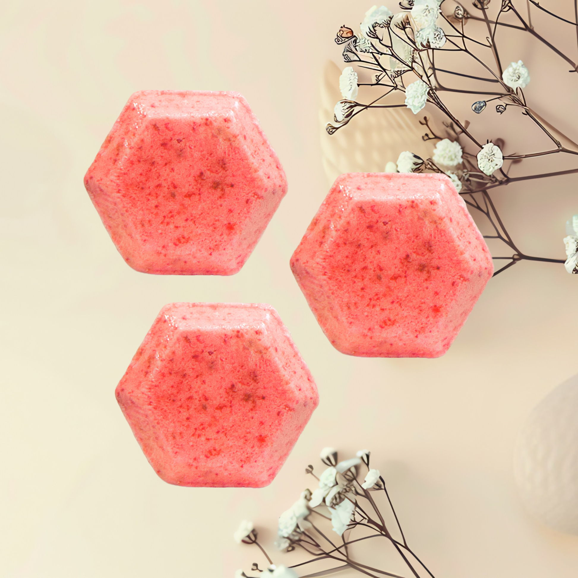 Hexagonal pink steamer on a beige background with white flowers and branches.