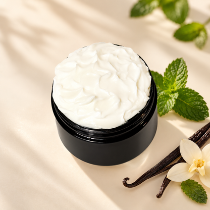 Open jar of Phat Bath & Body Peppermint Body Lotion with creamy white lotion styled with fresh mint leaves and subtle vanilla accents.