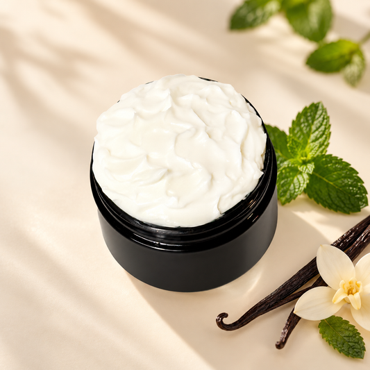Open jar of Phat Bath & Body Peppermint Body Lotion with creamy white lotion styled with fresh mint leaves and subtle vanilla accents.
