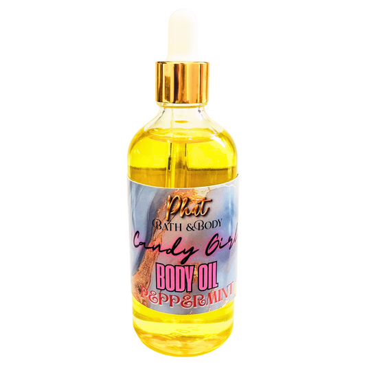 Bottle of body oil with a colorful label on a white background