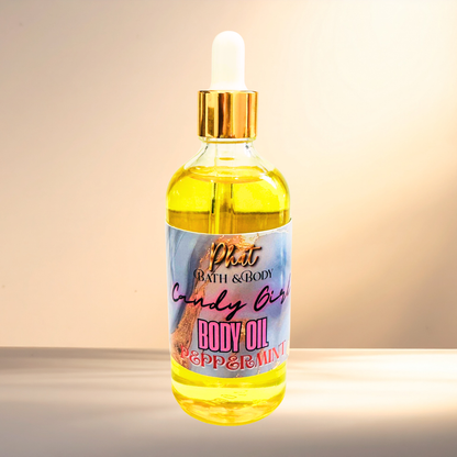 Bottle of body oil with a colorful label on a gradient background