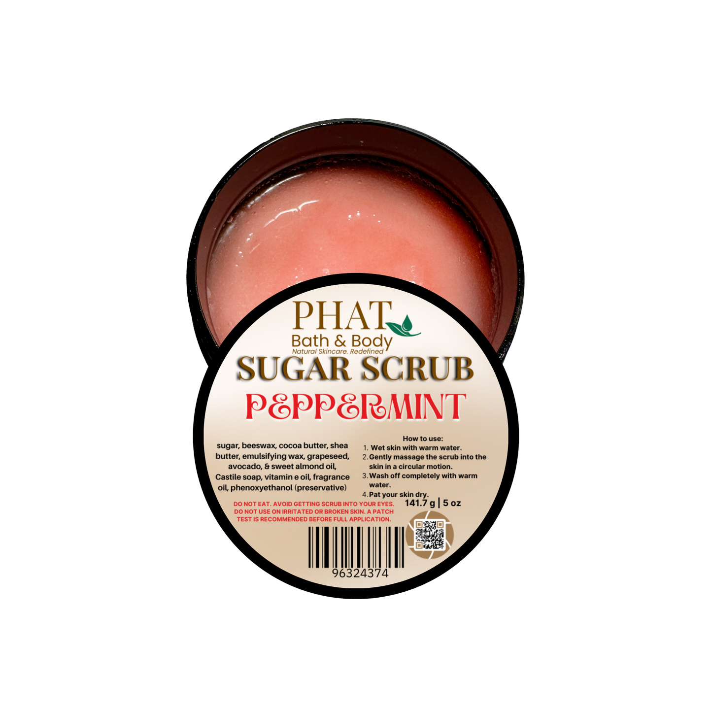 Jar of sugar scrub with 'Phat Bath & Body' branding on a white background