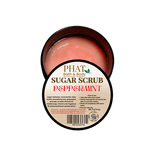 Jar of sugar scrub with 'Phat Bath & Body' branding on a white background