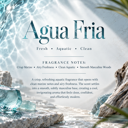 Agua Fria men’s scent profile featuring crisp marine, airy freshness, clean aquatic notes and smooth masculine woods for a cool, modern fragrance.