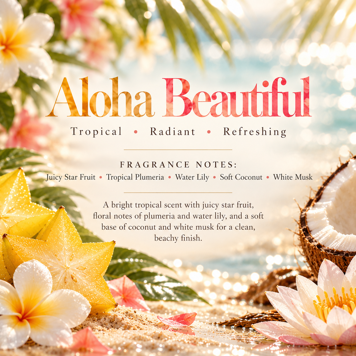 Aloha Beautiful scent profile featuring juicy star fruit, tropical plumeria, water lily, soft coconut and white musk for a bright, beachy tropical fragrance.