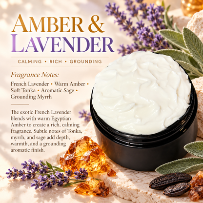 Amber & Lavender body lotion scent profile image by Phat Bath & Body featuring the original open black lotion jar with French lavender, amber, tonka, sage and myrrh-inspired accents, with fragrance notes of French lavender, warm amber, soft tonka, aromatic sage and grounding myrrh.
