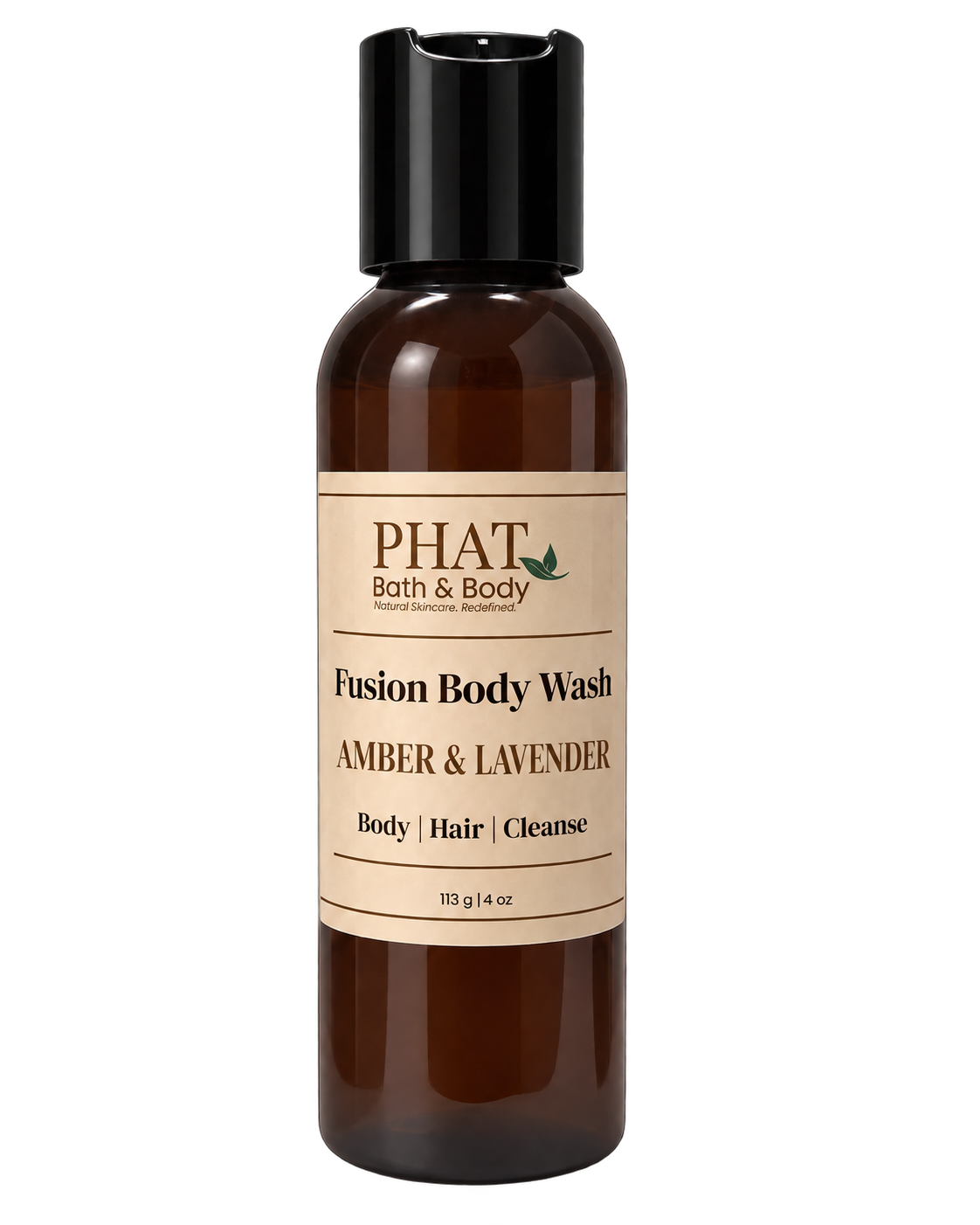 Phat Bath & Body Amber & Lavender Fusion Body Wash in a 4 oz amber bottle with cream label.