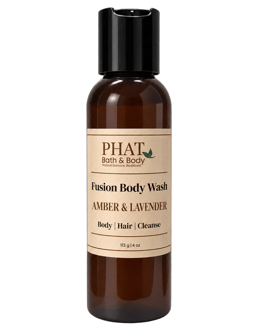Phat Bath & Body Amber & Lavender Fusion Body Wash in a 4 oz amber bottle with cream label.