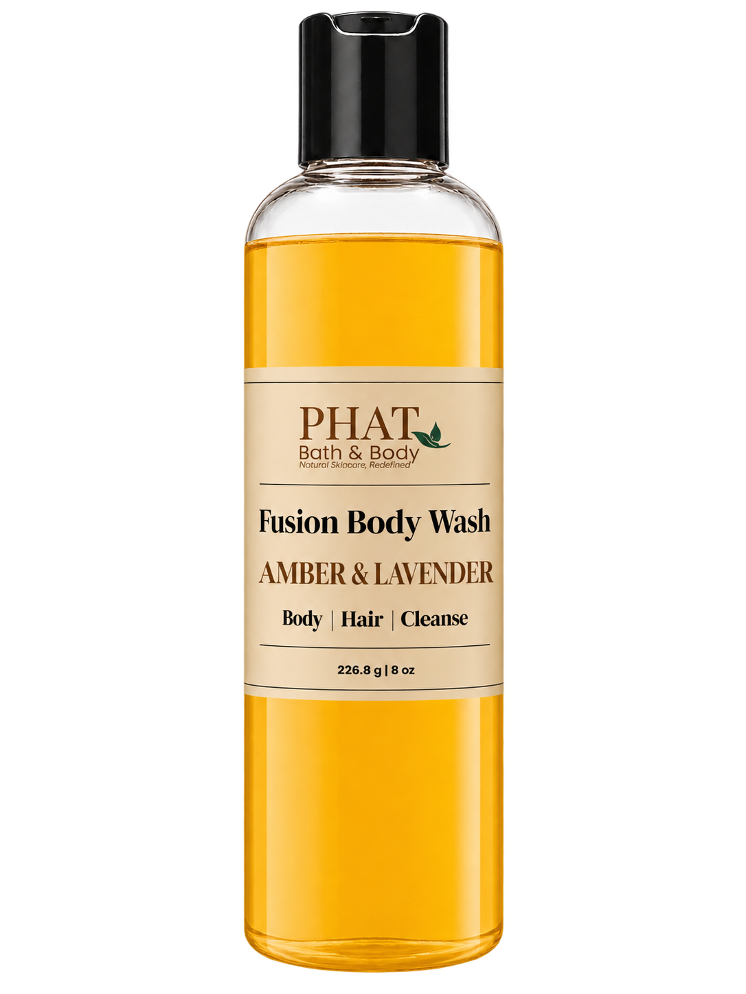 Phat Bath & Body Amber & Lavender Fusion Body Wash in a clear 8.5 oz bottle with golden body wash and cream label.