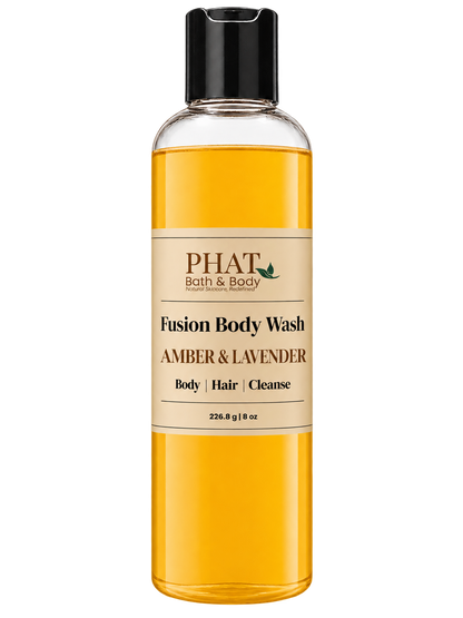 Phat Bath & Body Amber & Lavender Fusion Body Wash in a clear 8.5 oz bottle with golden body wash and cream label.