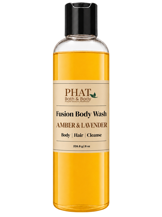 Phat Bath & Body Amber & Lavender Fusion Body Wash in a clear 8.5 oz bottle with golden body wash and cream label.