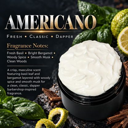 Americano men’s body lotion scent profile image by Phat Bath & Body featuring an open lotion jar with basil, bergamot and woody elements, with fragrance notes of fresh basil, bright bergamot, woody spice, smooth musk and clean woods.