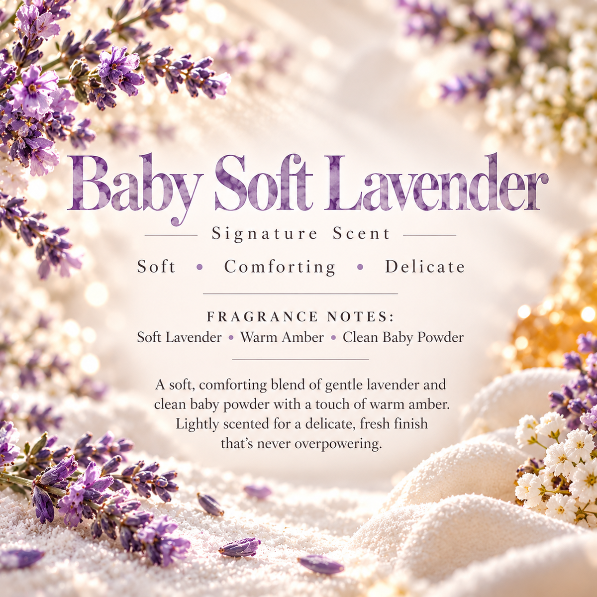 Baby Soft Lavender Signature Scent profile featuring soft lavender, warm amber and clean baby powder for a delicate, comforting fragrance.