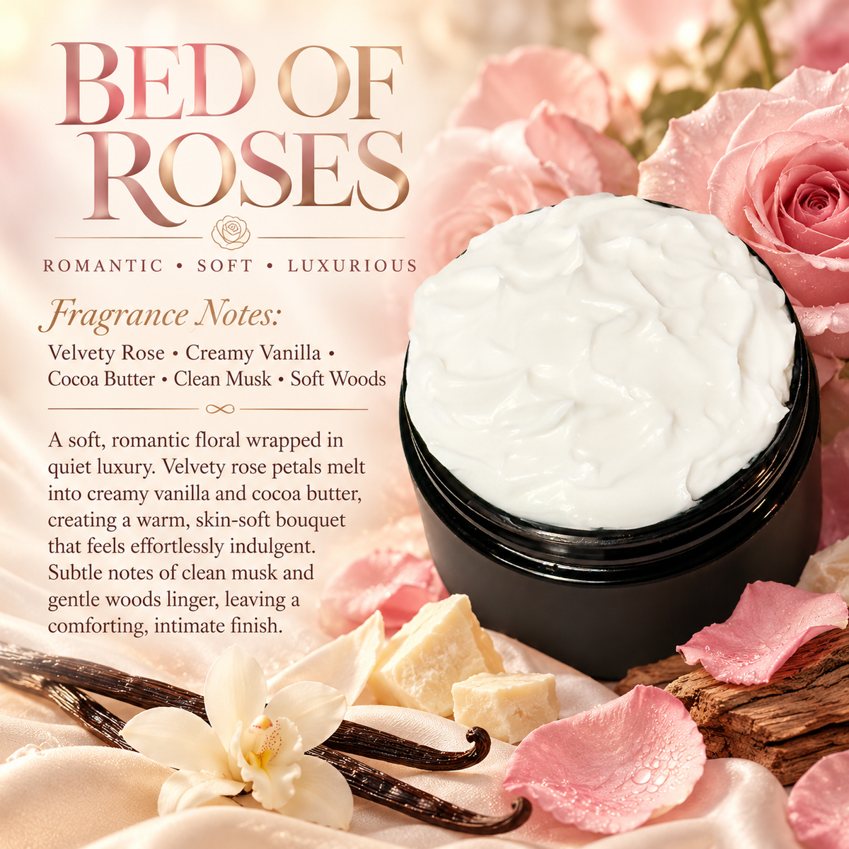 Bed of Roses body lotion scent profile image by Phat Bath & Body featuring the original open black lotion jar with rose, vanilla, cocoa butter and soft wood accents, with fragrance notes of velvety rose, creamy vanilla, cocoa butter, clean musk and soft woods.