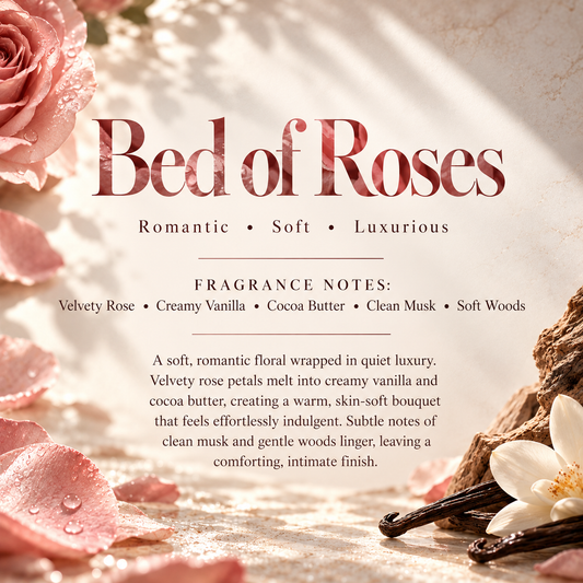 Bed of Roses Signature Scent profile featuring velvety rose, creamy vanilla, cocoa butter, clean musk and soft woods