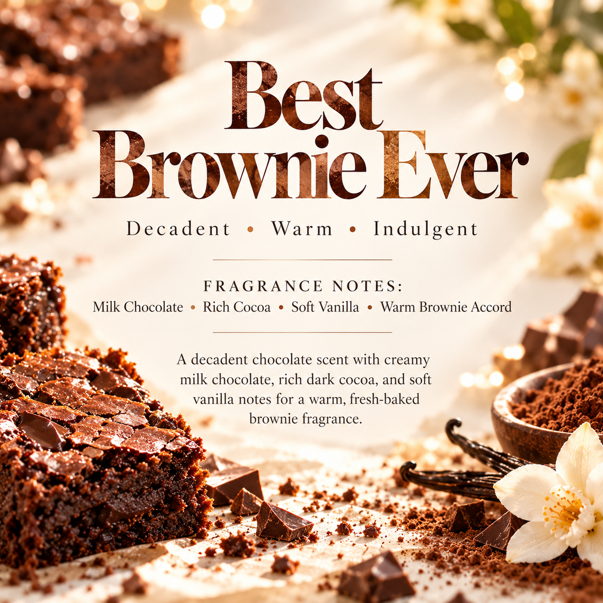 Best Brownie Ever scent profile featuring milk chocolate, rich cocoa, soft vanilla and warm brownie accord for a decadent fresh-baked gourmand fragrance
