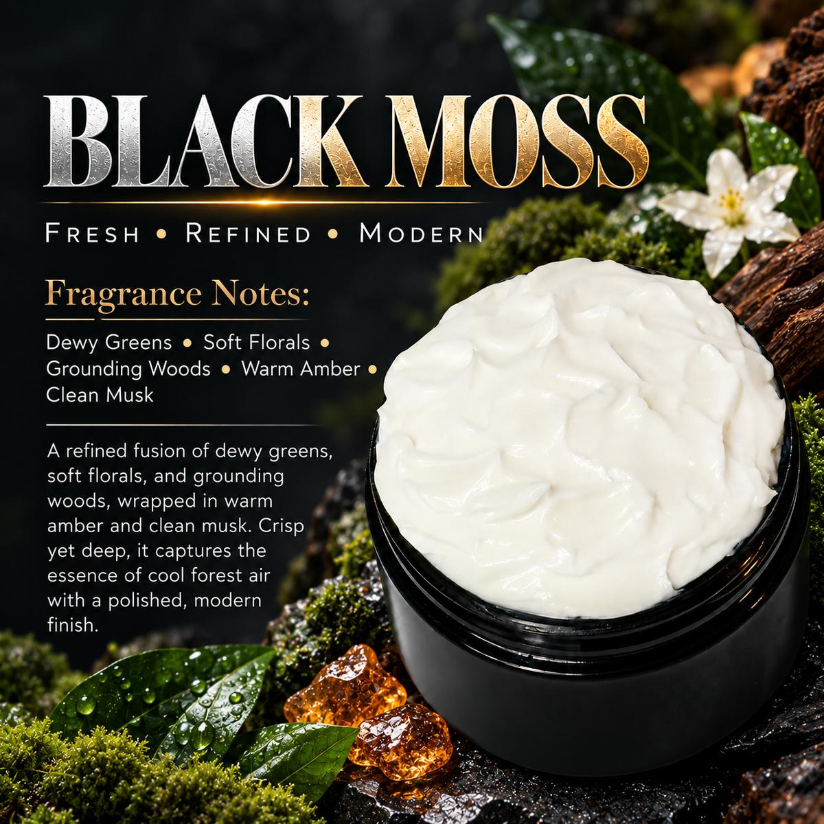 Black Moss men’s body lotion scent profile image by Phat Bath & Body featuring an open lotion jar with moss, greenery, white florals and amber accents, with fragrance notes of dewy greens, soft florals, grounding woods, warm amber and clean musk.
