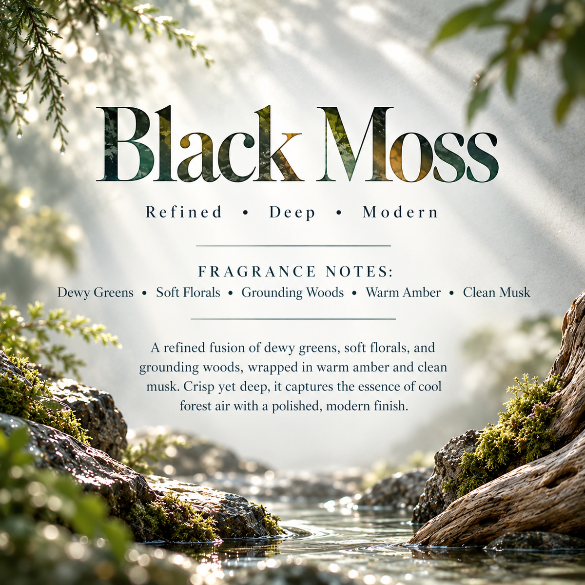 Black Moss men’s Signature Scent profile featuring dewy greens, soft florals, grounding woods, warm amber and clean musk.