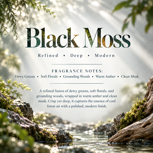 Black Moss men’s Signature Scent profile featuring dewy greens, soft florals, grounding woods, warm amber and clean musk.