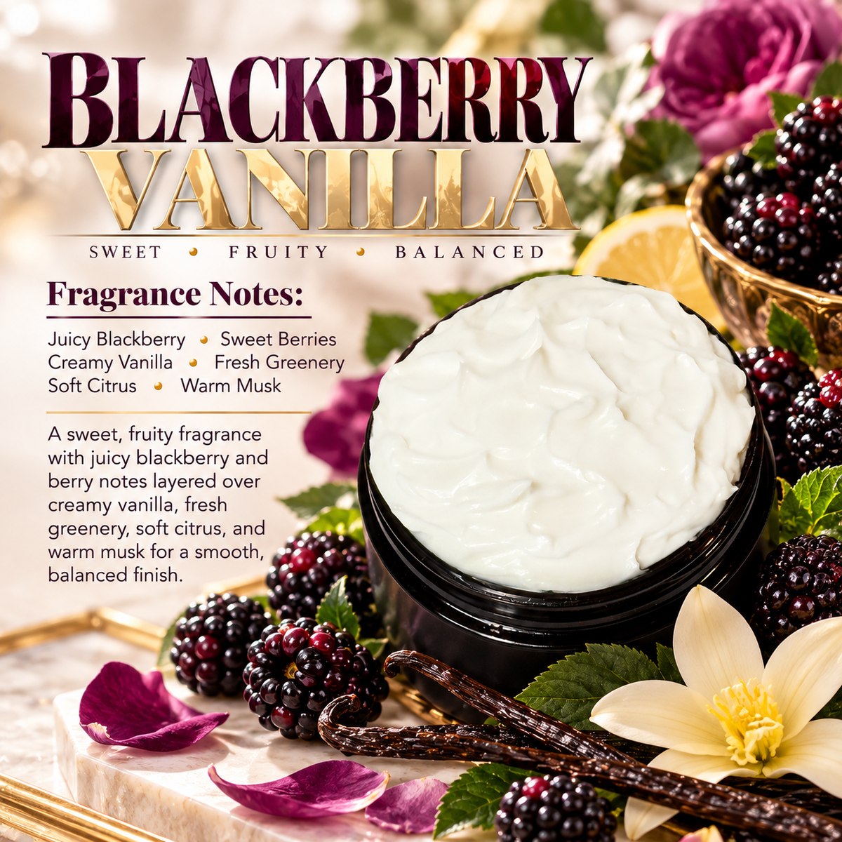 Blackberry Vanilla body lotion scent profile image by Phat Bath & Body featuring the original open black lotion jar with blackberry, vanilla, greenery and citrus accents, with fragrance notes of juicy blackberry, sweet berries, creamy vanilla, fresh greenery, soft citrus and warm musk.