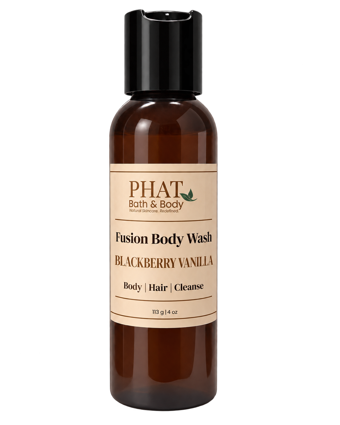 Phat Bath & Body Blackberry Vanilla Fusion Body Wash in a 4 oz amber bottle with cream label.