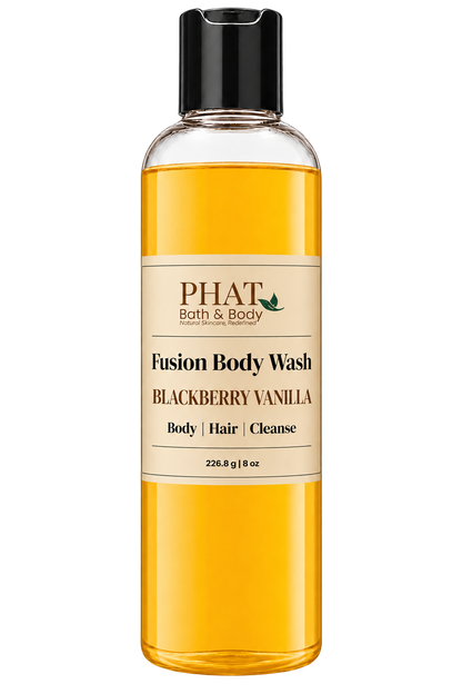 Phat Bath & Body Blackberry Vanilla Fusion Body Wash in a clear 8.5 oz bottle with golden body wash and cream label.