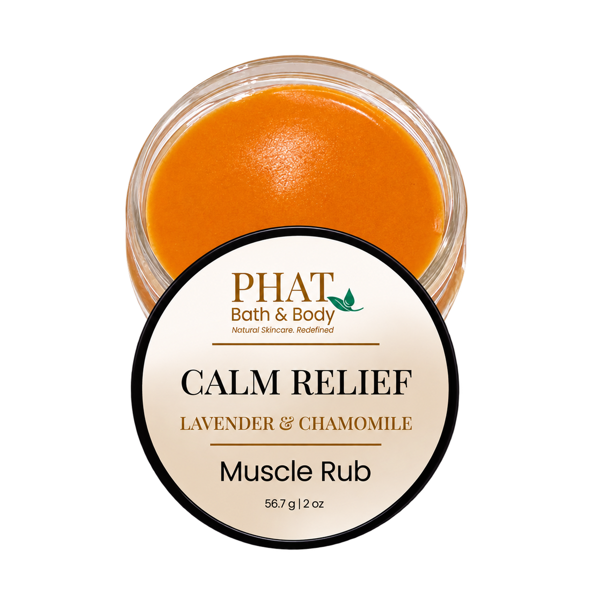Phat Bath & Body Calm Relief Muscle Rub in Lavender & Chamomile, shown in a 2 oz jar with smooth orange balm. Natural muscle rub designed for massage of tired areas with a comforting botanical formula.