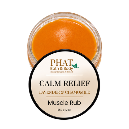 Phat Bath & Body Calm Relief Muscle Rub in Lavender & Chamomile, shown in a 2 oz jar with smooth orange balm. Natural muscle rub designed for massage of tired areas with a comforting botanical formula.