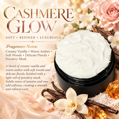 Cashmere Glow body lotion scent profile image by Phat Bath & Body featuring the original open black lotion jar with vanilla, amber, soft woods and delicate floral accents, with fragrance notes of creamy vanilla, warm amber, soft woods, delicate florals and powdery musk.