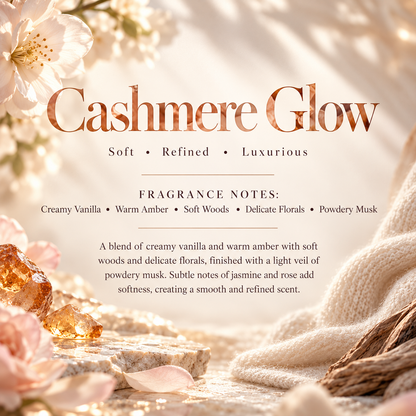 Cashmere Glow Signature Scent profile featuring creamy vanilla, warm amber, soft woods, delicate florals and powdery musk.