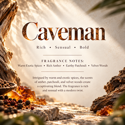 Caveman men’s scent profile featuring warm exotic spices, rich amber, earthy patchouli and velvet woods for a deep masculine fragrance.