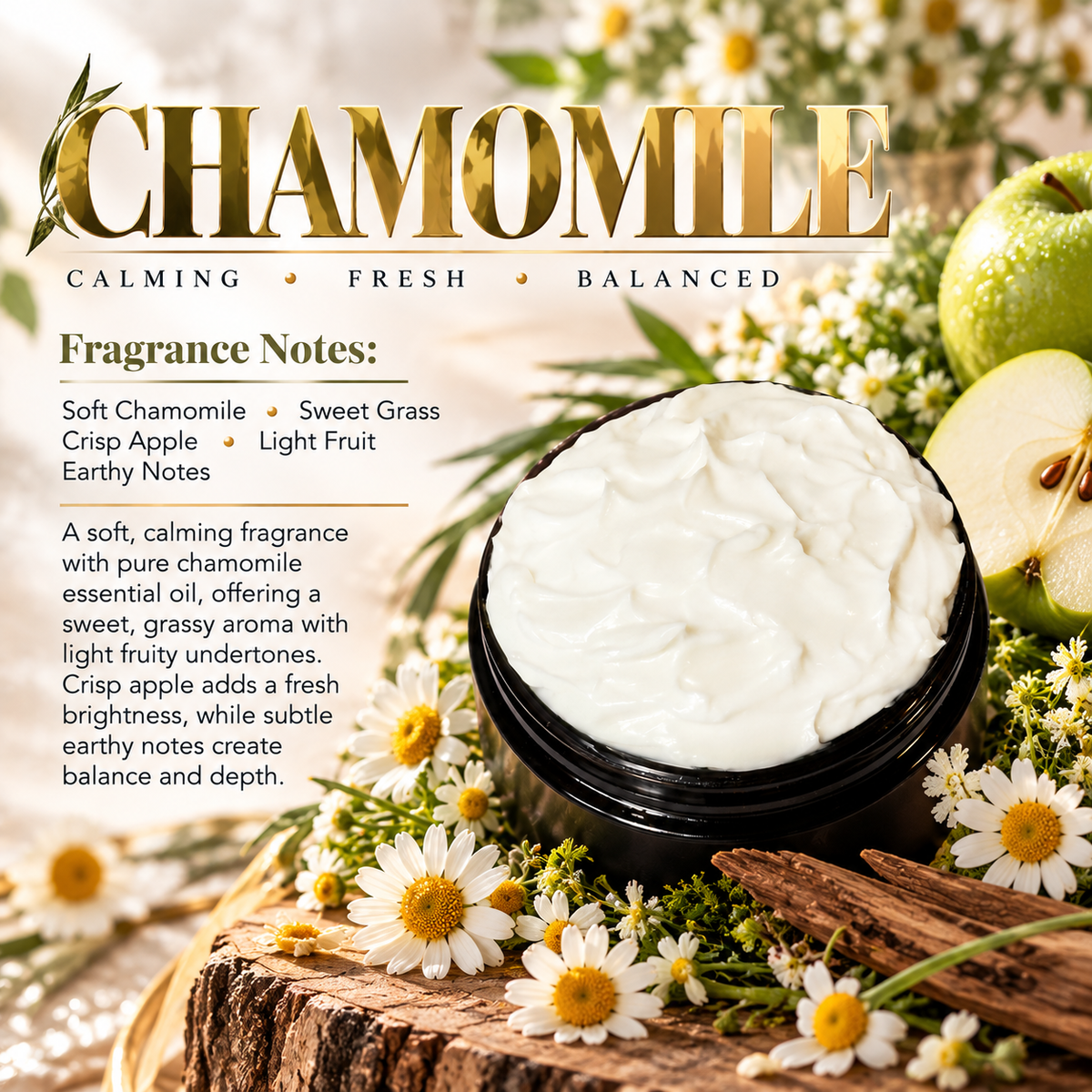Chamomile body lotion scent profile image by Phat Bath & Body featuring the original open black lotion jar with chamomile flowers, crisp green apple, fresh greenery and earthy wood accents, with fragrance notes of soft chamomile, sweet grass, crisp apple, light fruit and earthy notes.