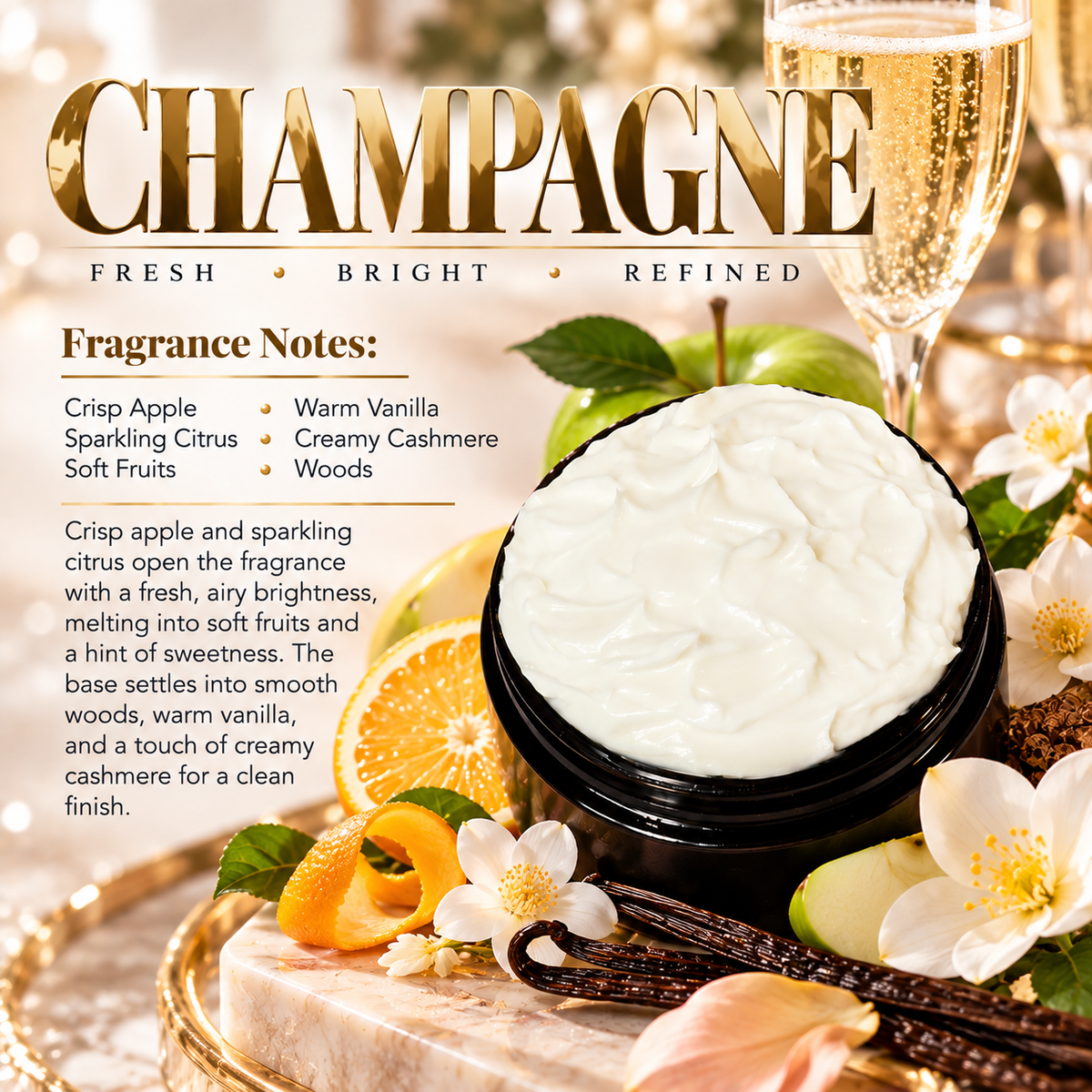 Champagne body lotion scent profile image by Phat Bath & Body featuring the original open black lotion jar with crisp apple, sparkling citrus, soft fruit, vanilla and cashmere wood accents, with fragrance notes of crisp apple, sparkling citrus, soft fruits, warm vanilla and creamy cashmere woods.