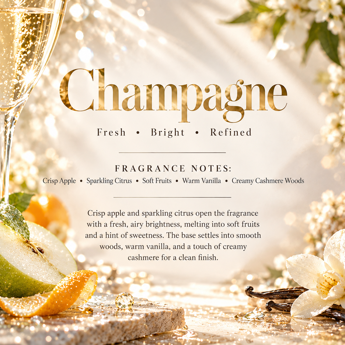 Champagne Signature Scent profile featuring crisp apple, sparkling citrus, soft fruits, warm vanilla and creamy cashmere woods.