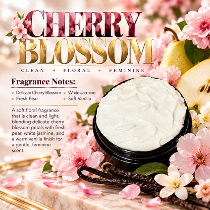 Cherry Blossom body lotion scent profile image by Phat Bath & Body featuring the original open black lotion jar with cherry blossoms, fresh pear, white jasmine and vanilla accents, with fragrance notes of delicate cherry blossom, fresh pear, white jasmine and soft vanilla.